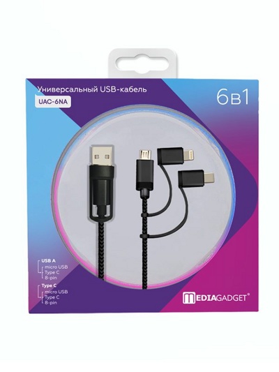 Универсальный 6 в 1 USB-кабель MediaGadget UAC-6NA 2.0 USB A/Type C-microUSB/Type C/8-pin (1м,черный)